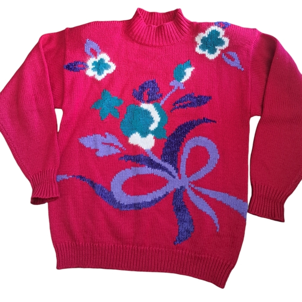 VTG 80's KARI acrylic wool blend mock neck turtleneck sweater flowers knit  M